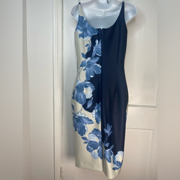 Donna Karan Boat Neck Sleeveless Sheath Navy & Cream Floral Midi Nightfall Dress - Picture 9 of 9